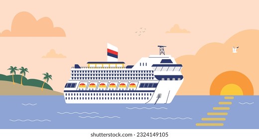 Large cruise liner or passenger ship at sea at sunset, flat vector illustration. Landscape of cruise vessel floating on water. Luxury sailboat for summer holidays.