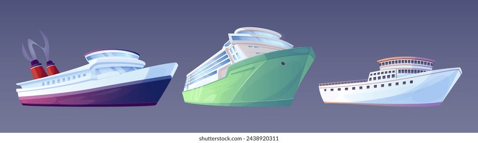 Gran crucero en conjunto de ilustración vectorial de dibujos animados. Mar y océano gran barco de pasajeros, barco de vapor y yate para vacaciones marinas. Moderno gran lujo de transporte naval para el viaje marítimo y el viaje.