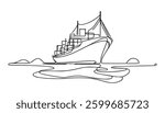 large cruise ship floating on the ocean,  line art isolated against a white background