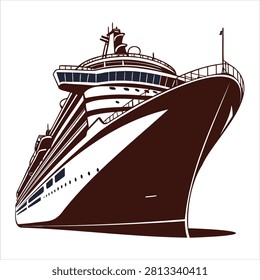 Large cruise ship with multiple decks and a bow facing right side ocean