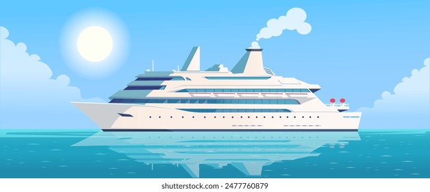 Large cruise ship on the calm ocean, clear blue sky with sun and clouds in the background. Vector illustration