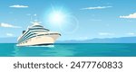 Large cruise ship on the ocean with a bright sun and clear sky, Vector illustration