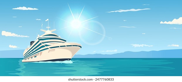 Large cruise ship on the ocean with a bright sun and clear sky, Vector illustration