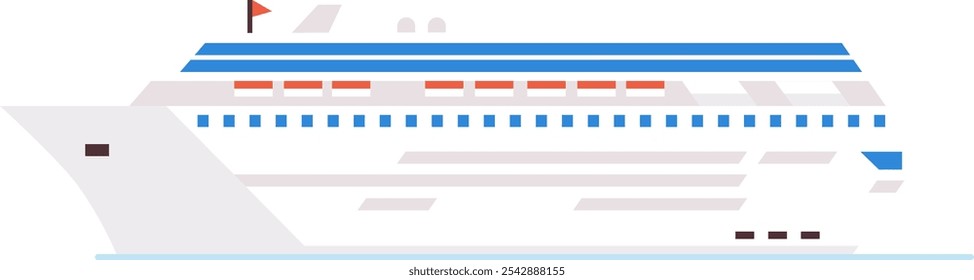 Grande crucero navegando en aguas tranquilas, con una prominente bandera roja en la parte superior, evocando una sensación de viaje lujoso y aventura marítima