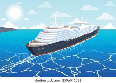 Large cruise ship sailing on blue ocean waves. A white luxury cruise ship moving across the ocean, with a blue sky and bright sun in the background. A concept of travel, vacation, and tourism.
