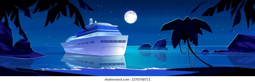 Large cruise ship in sea or ocean off coast at night. Cartoon vector dark twilight landscape of vacation and travel liner in water near sandy beach with palm trees under moonlight. Luxury trip boat.