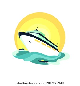 A large cruise ship is slowly moving on the waves. The ship is accompanied by small fast motor boats. Big Sun brightly illuminates everything around. Vector flat illustration on the white background.