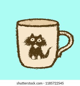 Large cup with cat head sticker. Blue background color. Vector illustration.