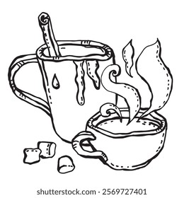 A large cup with drips and a cinnamon stick and a small cup with steam, and marshmallows lie next to them