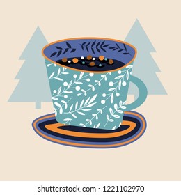 A large cup with a hot drink on the background of silhouettes of Christmas trees.