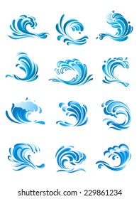 Large curling blue waves icons or logo elements set for marine or nautical themed design, vector illustration on white