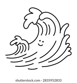 A large curling wave rises with splashes and layered water lines, illustrating an energetic harbor scene. Clean hand-drawn lines keep the scene playful. 