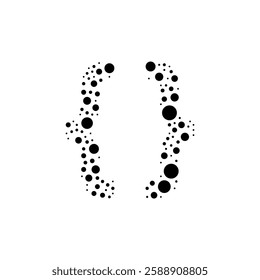 A large curly brackets symbol in the center made in pointillism style. The center symbol is filled with black circles of various sizes. Vector illustration on white background