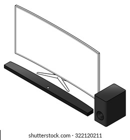 A large curved flatscreen television with a soundbar and subwoofer.