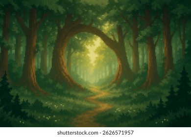 Uma grande árvore curva forma um arco natural sobre um caminho de floresta iluminado pela luz da manhã. Uma arte de pixels sonhadora para jogos 2D relaxantes e aventuras de fantasia.