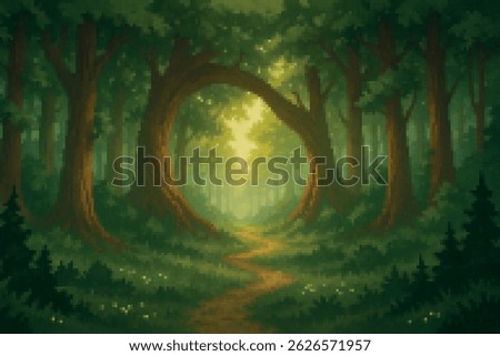 A large curved tree forms a natural arch over a forest path lit by soft morning light. Dreamy pixel art for relaxing 2D games and fantasy adventures.