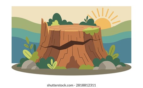 Large cut tree stump surrounded by green plants and rocks with a scenic mountain range and rising sun in the background.