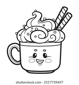 Large cute ceramic cup of hot drink with whipped cream and waffle rolls as decoration. Image produced without the use of any form of AI software at any stage.