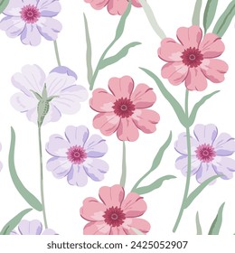 Large cute floral pattern. Seamless vector texture. An elegant template for fashionable prints. Print with lilac and pink flowers. Ivory background. Stock print.