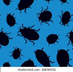Large cute melolonthinae on deep cyan backdrop. Dark ink color hand drawn picture logo in art retro print style. View closeup with space for text