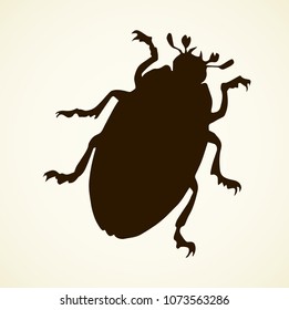 Large cute melolonthinae on white backdrop. Dark ink color hand drawn picture logo in art retro print style. View closeup with space for text