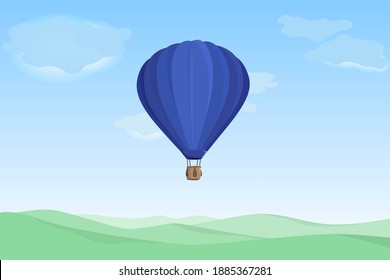 A Large Dark Blue Balloon In A Clear Blue Sky With Single Clouds Flies Over The Hilly Green Terrain. Vector Graphics.