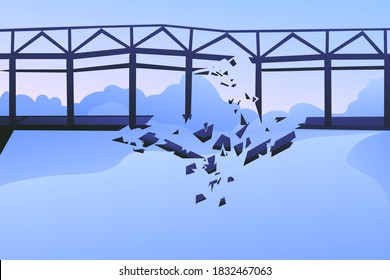 A large dark blue bridge against the backdrop of a gentle blue sky. Destruction of the canvas, collapse of the bridge structure. Falling parts and fittings, danger.