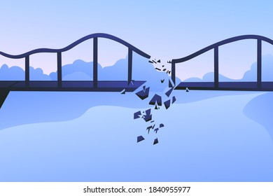 A large dark blue bridge against the backdrop of a gentle blue sky. Repairing work the bridge. Destruction of the canvas, collapse of the bridge structural. 
