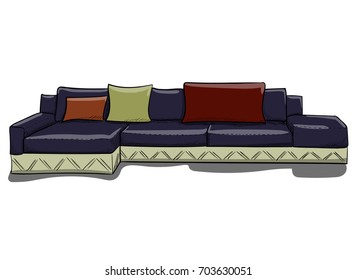 Large dark blue sofa with pillows on a white background. Arabian style in Interior Design eps 10 illustration