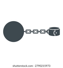 A large dark circular ball attached by a chain to a pair of open handcuffs isolated on transparent background