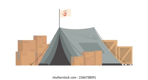 Large dark green tent with boxes. Camp element for humanitarian aid. isolated. vector illustration.