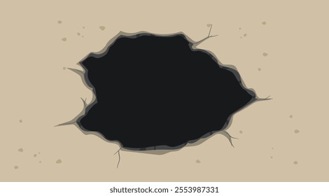 A large, dark hole with cracked edges