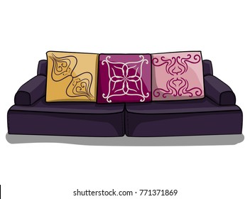 Large dark purple low sofa with lilac and yellow pillows in patterns in Indian style stands on a white background eps 10 illustration