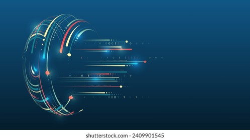 Large data stream on a dark background, glowing lines and circles. Data set analysis and visualization. Abstract business analytics. An array of information in the form of a luminous semi-sphere. 