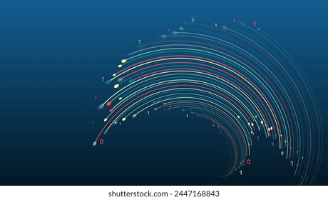 Large data stream on a dark background, glowing lines and circles. Data set analysis and visualization. Artificial intelligence, business analytics. An array of information in the form of a half disk.