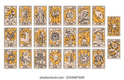 large deck of Tarot cards, three colors. Part of the set of senior arcana. Handmade vector style with engraving. Occult, alchemical symbolism. Fool, magician, high priestess, Empress, Emperor, lovers