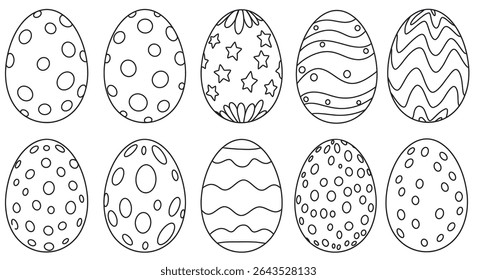 Large Decorated Easter Eggs Outline Unique Designs Polka Dots Swirls Stars Zigzags Festive Pattern Art