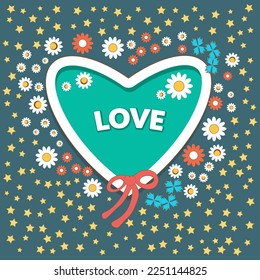 Large decorated heart framed with stylized flowers and stars. In the center is the inscription - love. Card for Valentine's Day. Wedding greeting. Vector illustration