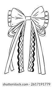 Large decorative bow with long trailing ribbons drawn in black and white outline style. This image represents festive ornament, celebration detail and girly fashion accessory