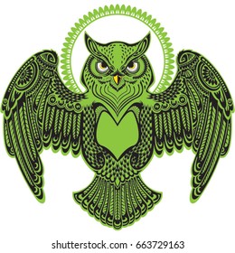 Large decorative owl, Drawing on a T-shirt or tattoo.