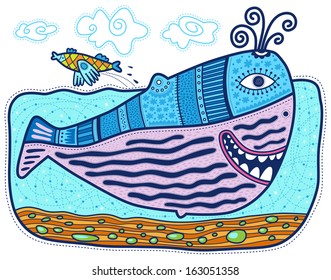 Large decorative whale swimming and smiling. The little fish jumping over it. Clouds float across the sky.