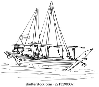 Large deep-sea traditional two-masted Arab Dhow boat in the Persian Gulf. A linear drawing of three separate objects: boat pearl fishermen, waves and flag