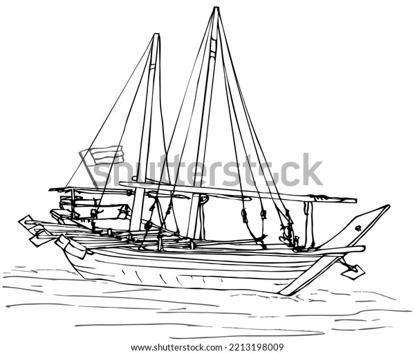 Landscape of a large deep-sea traditional two-masted Arab Dhow boat in the Persian Gulf. Vectors drawing, ink pen landscape by Andrei Kolesov