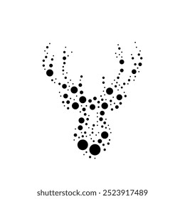 A large deer head symbol in the center made in pointillism style. The center symbol is filled with black circles of various sizes. Vector illustration on white background