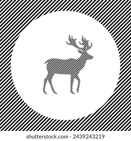 A large deer symbol in the center as a hatch of black lines on a white circle. Interlaced effect. Seamless pattern with striped black and white diagonal slanted lines
