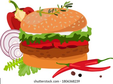 A large delicious Burger with a background of sweet and hot chili peppers, spices, onion rings and herbs. Vector drawing for menu design, posters, labels, stickers.