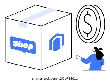 Large delivery box with a Shop label, beside a currency symbol and a woman pointing. Ideal for online shopping, delivery services, e-commerce business, financial transactions, and consumer behavior