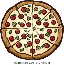 Large deluxe pizza pie covered in pepperoni green peppers and mushrooms cartoon vector illustration