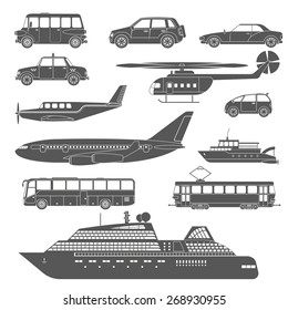 Large detailed black and white transport icons set isolated vector illustration