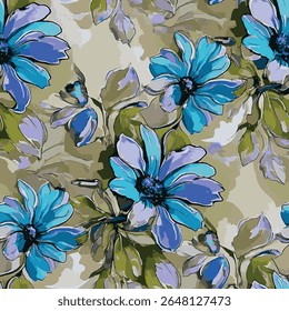 Large, detailed blue and purple flowers. The petals of the flowers in shades of green and purple, scattered among graceful branches